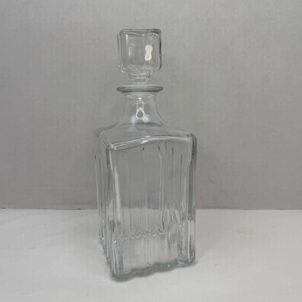 Vintage Italian Glass Whiskey Decanter Square Ribbed Liquor Bottle with Stopper